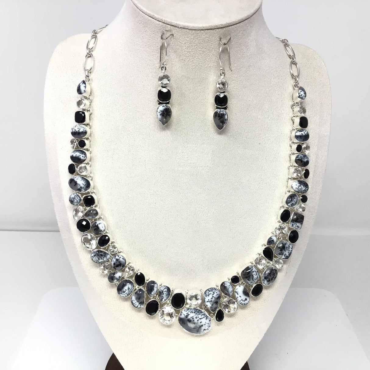 Dendritic Opal & Faceted Gems Double Row Collar Necklace & Earrings Set with Quartz & Black Onyx