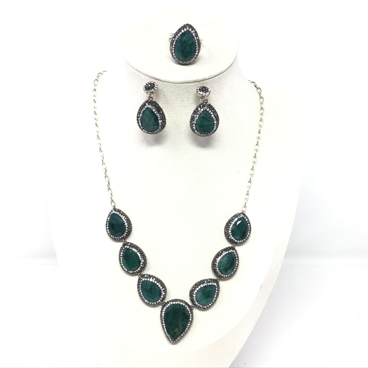 Emerald Set (Necklace; Earrings; Ring) 7 Classic Faceted Pears With Marcasite & Silver Crystals With Single Faceted Pear Earrings & Double Band Ring Szadj