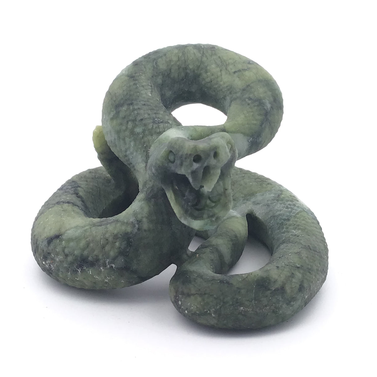 Green Hair Jasper Ready to Strike Snake Carving
