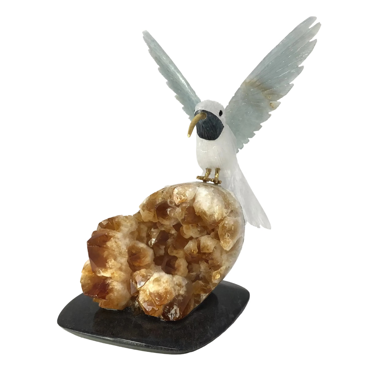 Hand-Carved Quartz & Aquamarine Hummingbird Perched on Citrine Crystal Cluster with Black Marble Base