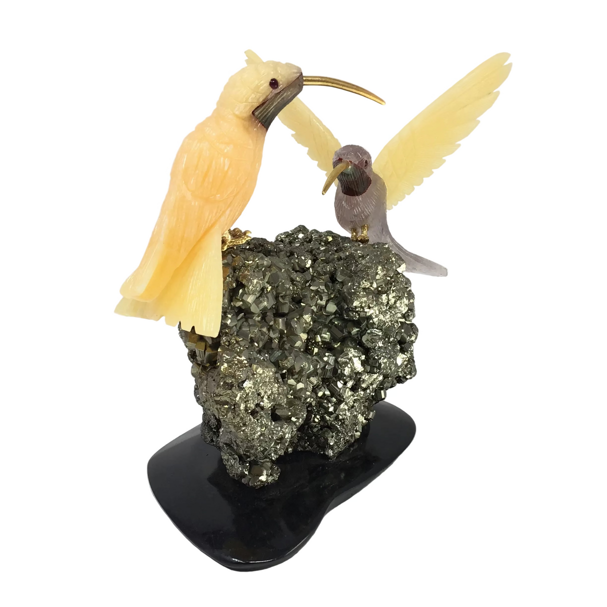 Hand-Carved Calcite & Fluorite Hummingbird Duo Perched on Pyrite Cluster & Black Marble Base