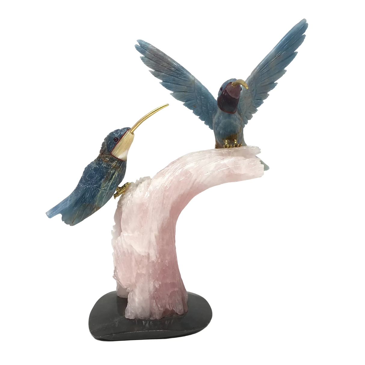 Hand-Carved Blue Calcite Hummingbird Duo Perched on Carved Rose Quartz Tree Trunk with Black Marble Base
