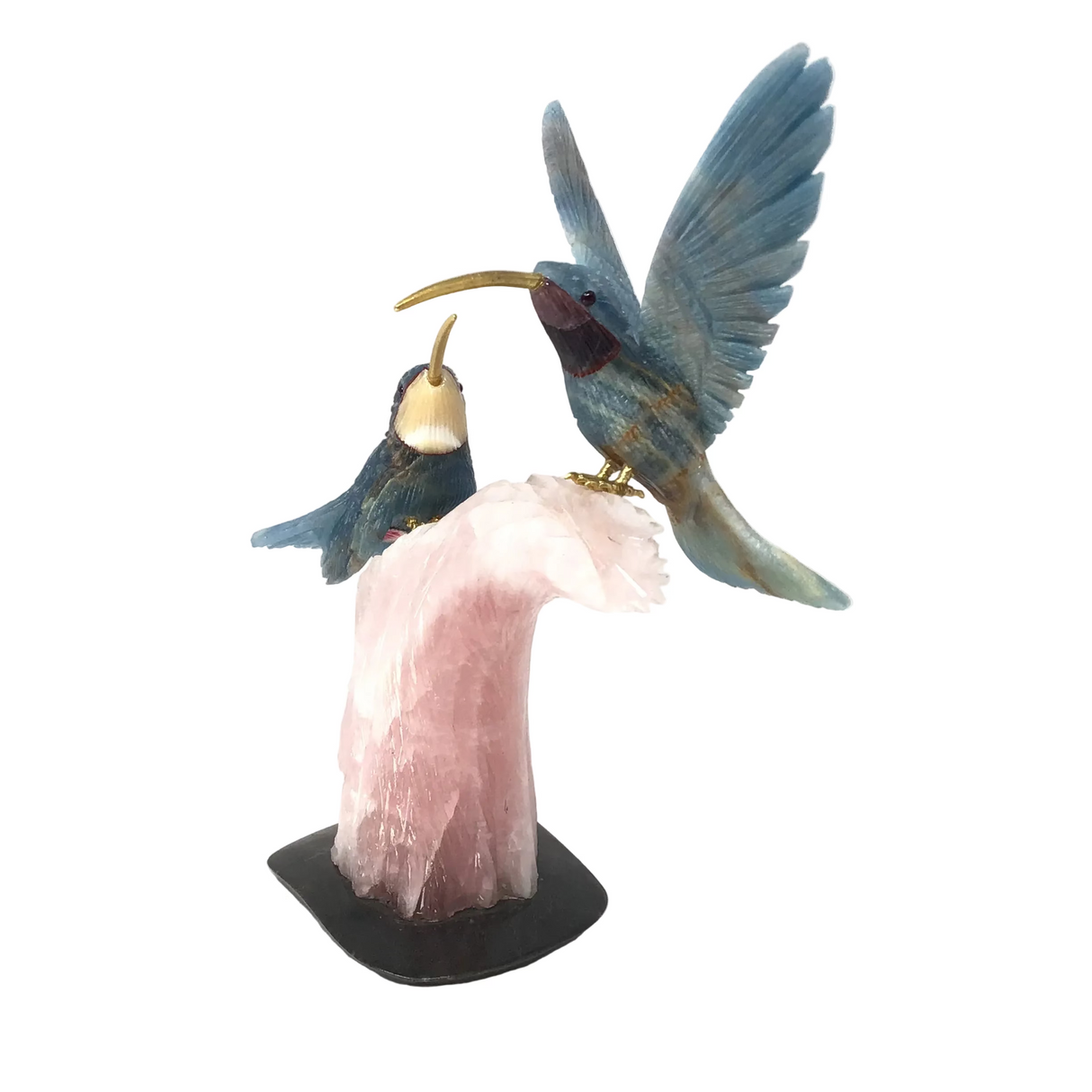 Hand-Carved Blue Calcite Hummingbird Duo Perched on Carved Rose Quartz Tree Trunk with Black Marble Base