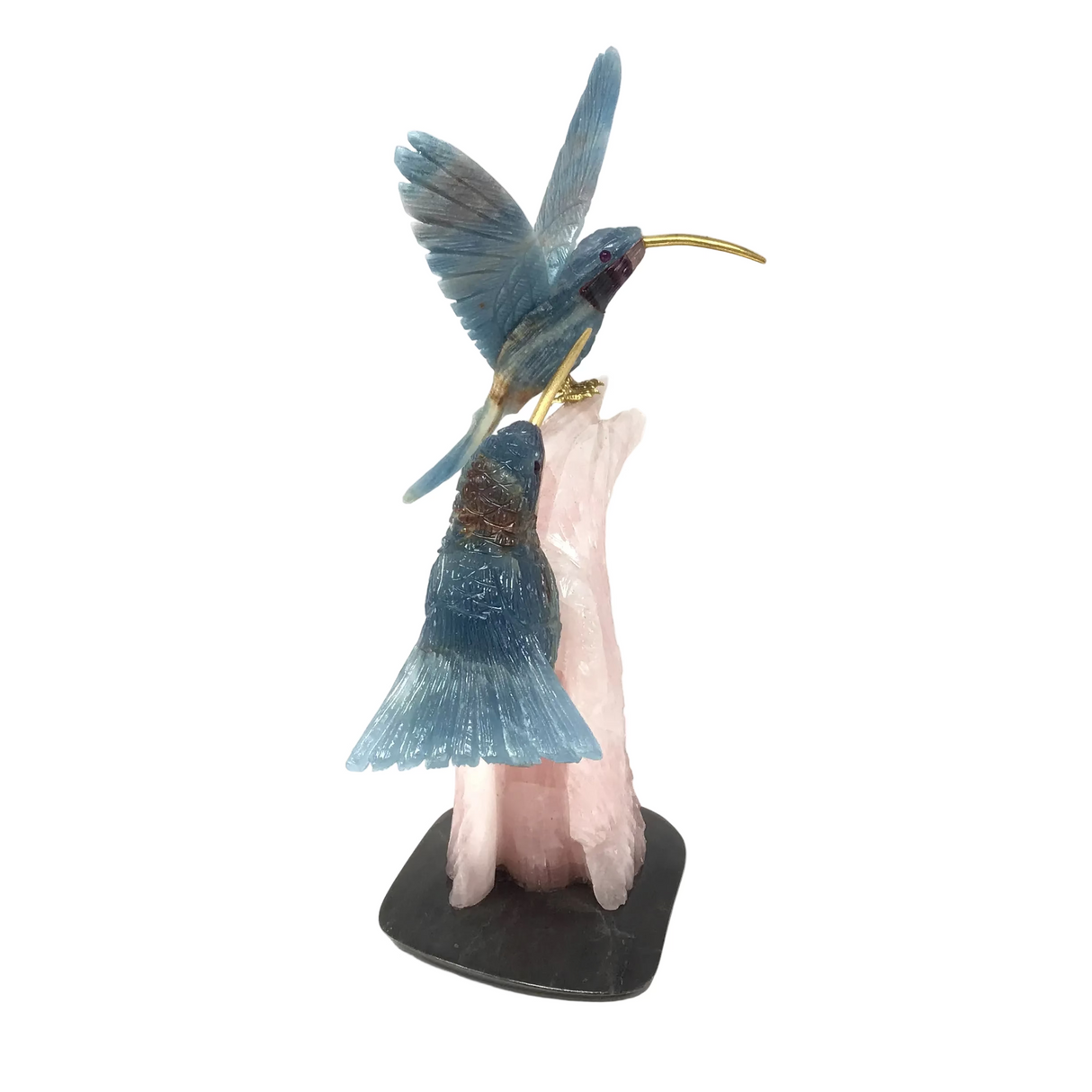 Hand-Carved Blue Calcite Hummingbird Duo Perched on Carved Rose Quartz Tree Trunk with Black Marble Base
