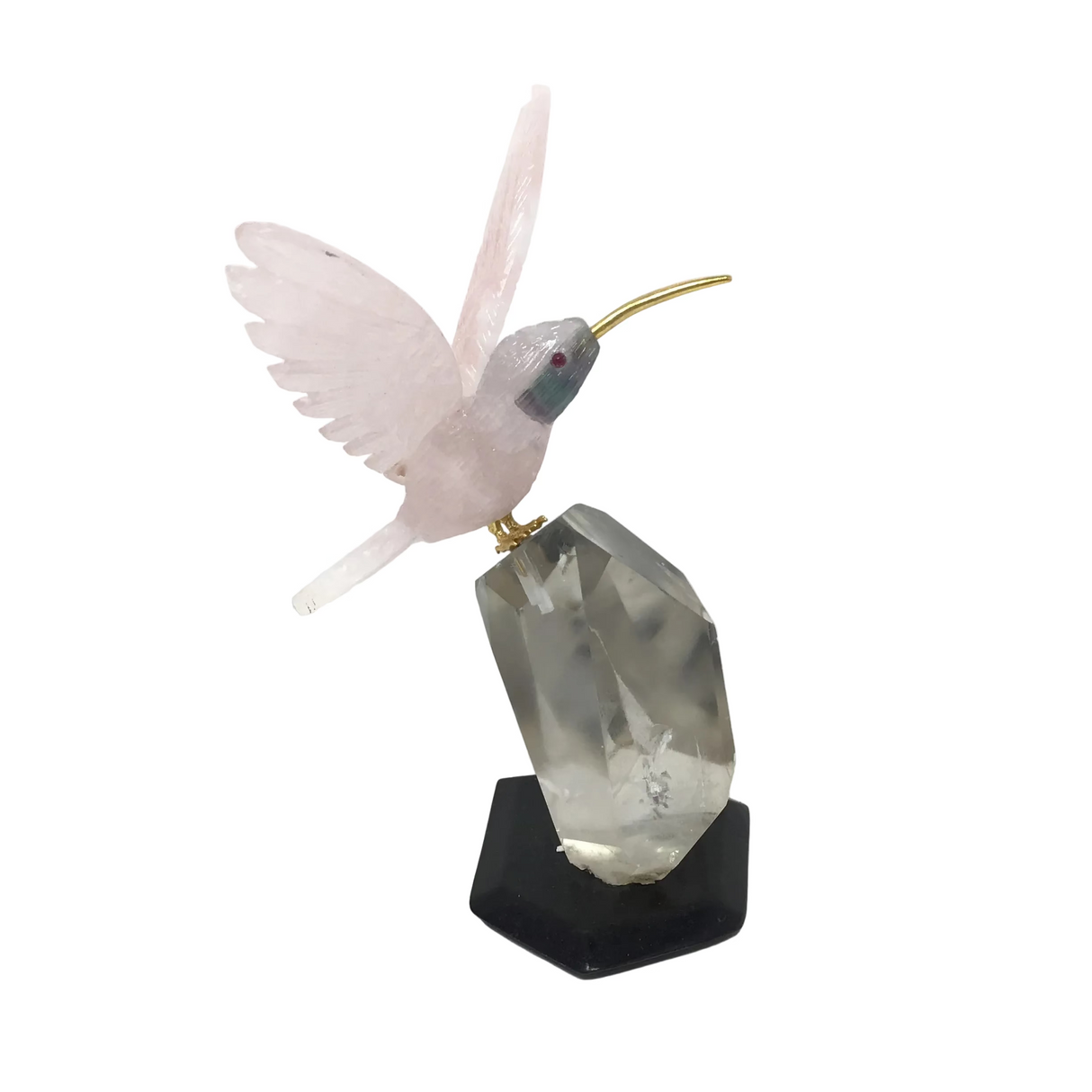 Hand-Carved Rose Quartz Hummingbird Perched on Faceted Clear Quartz Crystal - Black Marble Base & Fluorite Cheeks