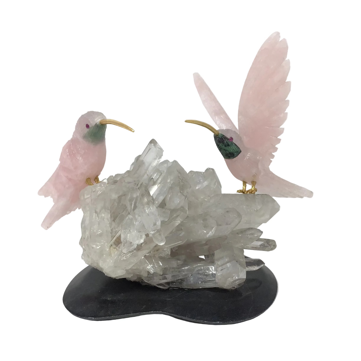Hand-Carved Rose Quartz Hummingbird Duo Perched on Quartz Cluster with Black Marble Base - Cheeks of Ruby Zoisite
