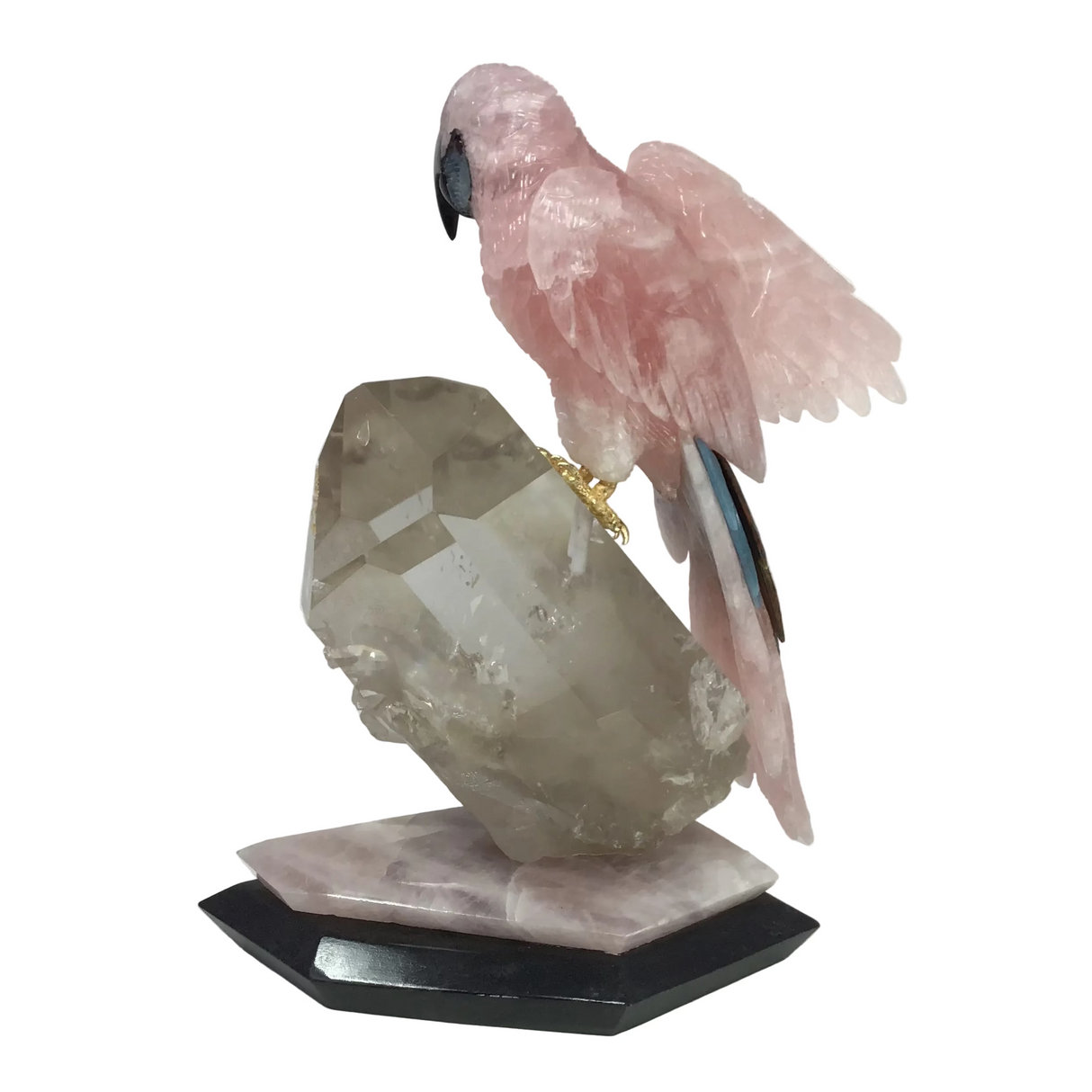 Hand-Carved Rose Quartz Macaw Perched on Clear Quartz Crystal & Rose Quartz + Black Marble Base - Tail Feathers of Tiger's Eye & Blue Calcite