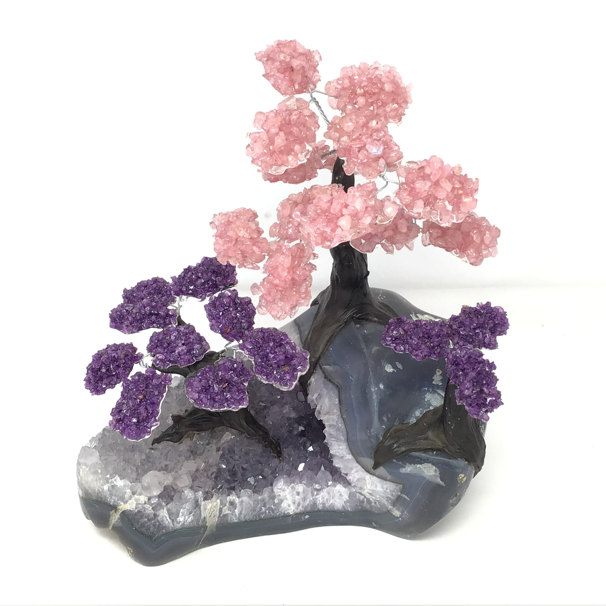 Triple Gemstone & Clay Polymer Tree on Geode Base - Rose Quartz & Duo Amethyst