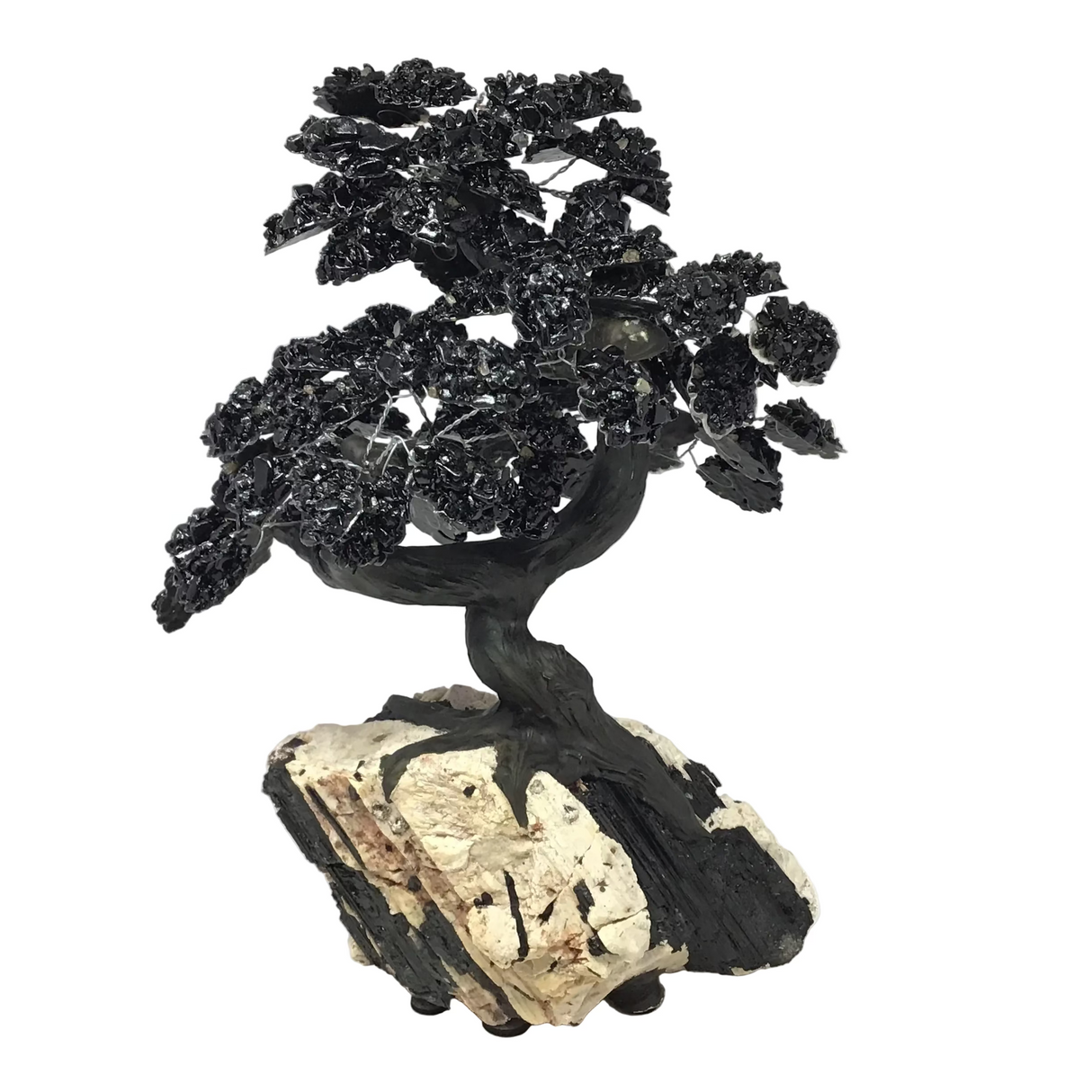 Obsidian Gemstone Tree with Clay Polymer & Black Tourmaline & Mica Albite Base
