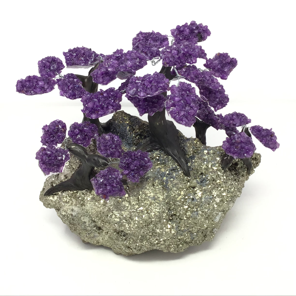 Amethyst Gemstone Tree Grove with Clay Polymer on Pyrite Crystal Boulder Base