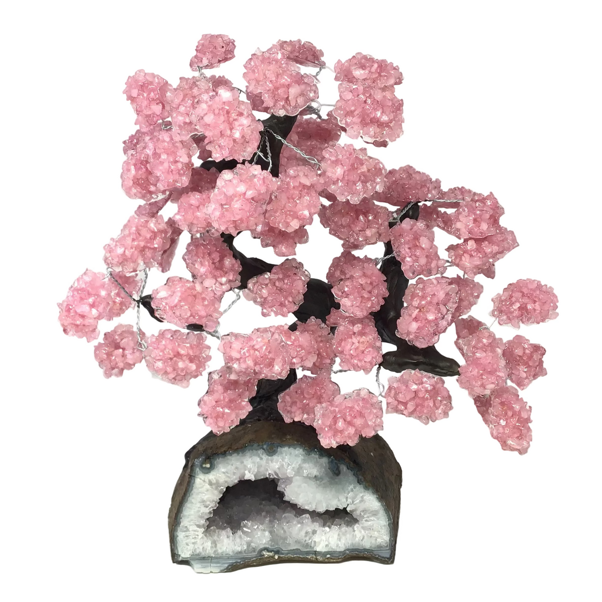 Rose Quartz Gemstone Tree with Clay Polymer on Rose De France Geode Cavern