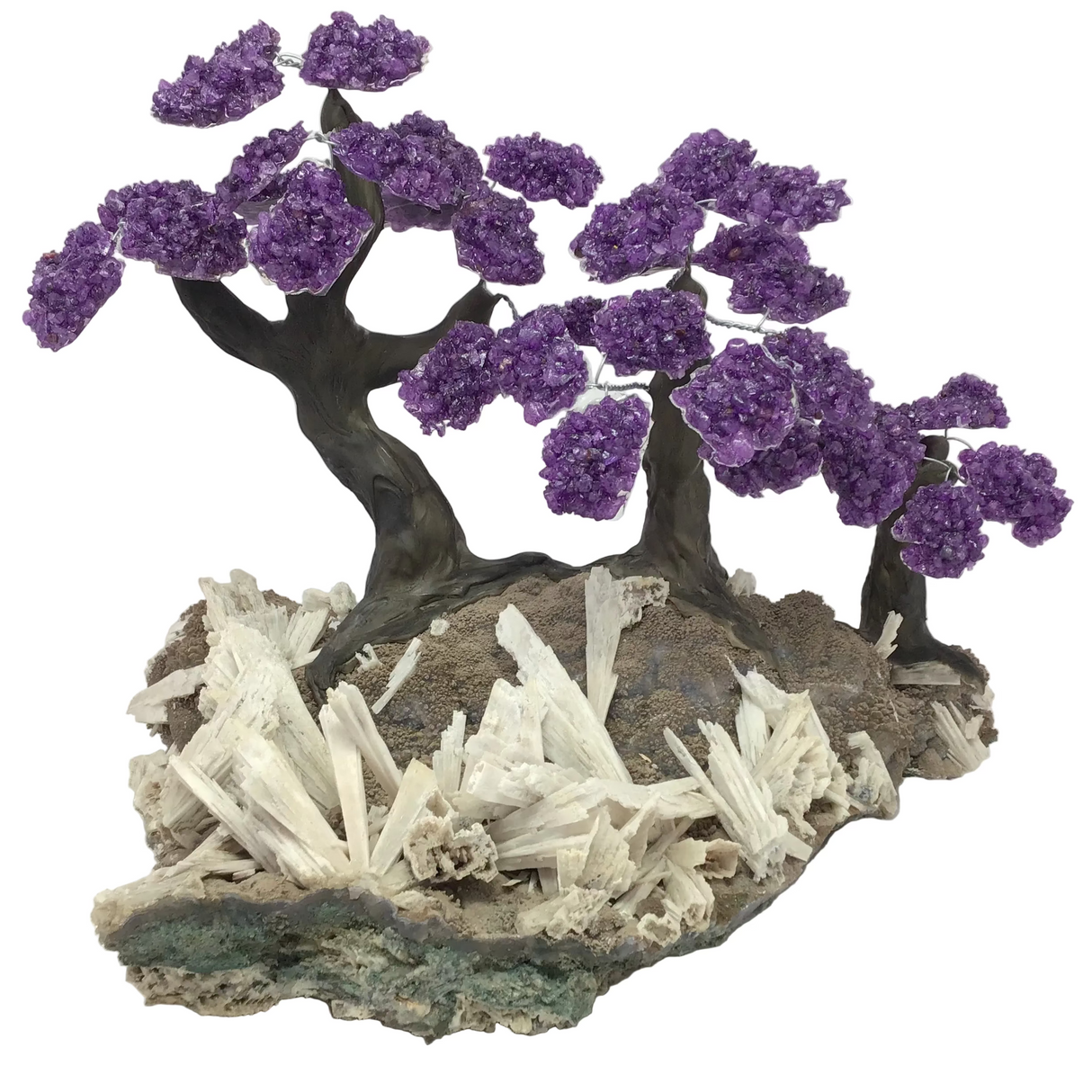 Amethyst Gemstone Triple Tree with Clay Polymer on Anhydrite Base