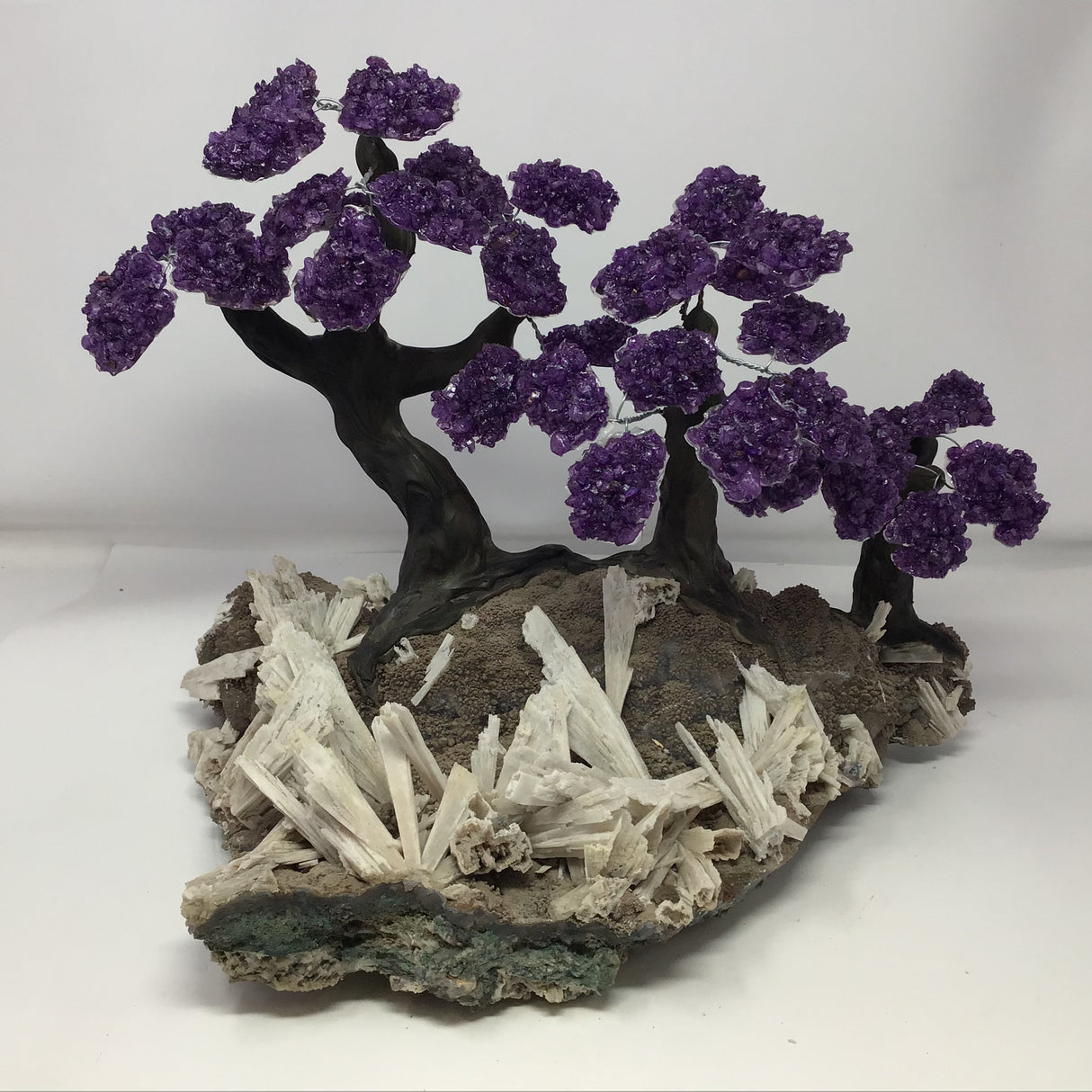 Amethyst Gemstone Triple Tree with Clay Polymer on Anhydrite Base