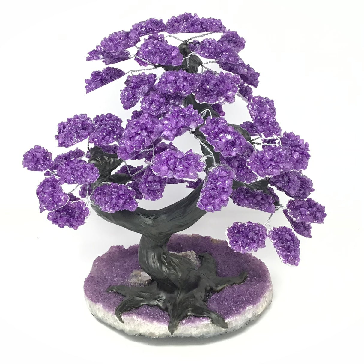 Amethyst Gemstone Tree with Clay Polymer on Amethyst Druze Plaque with Calcite Inclusions