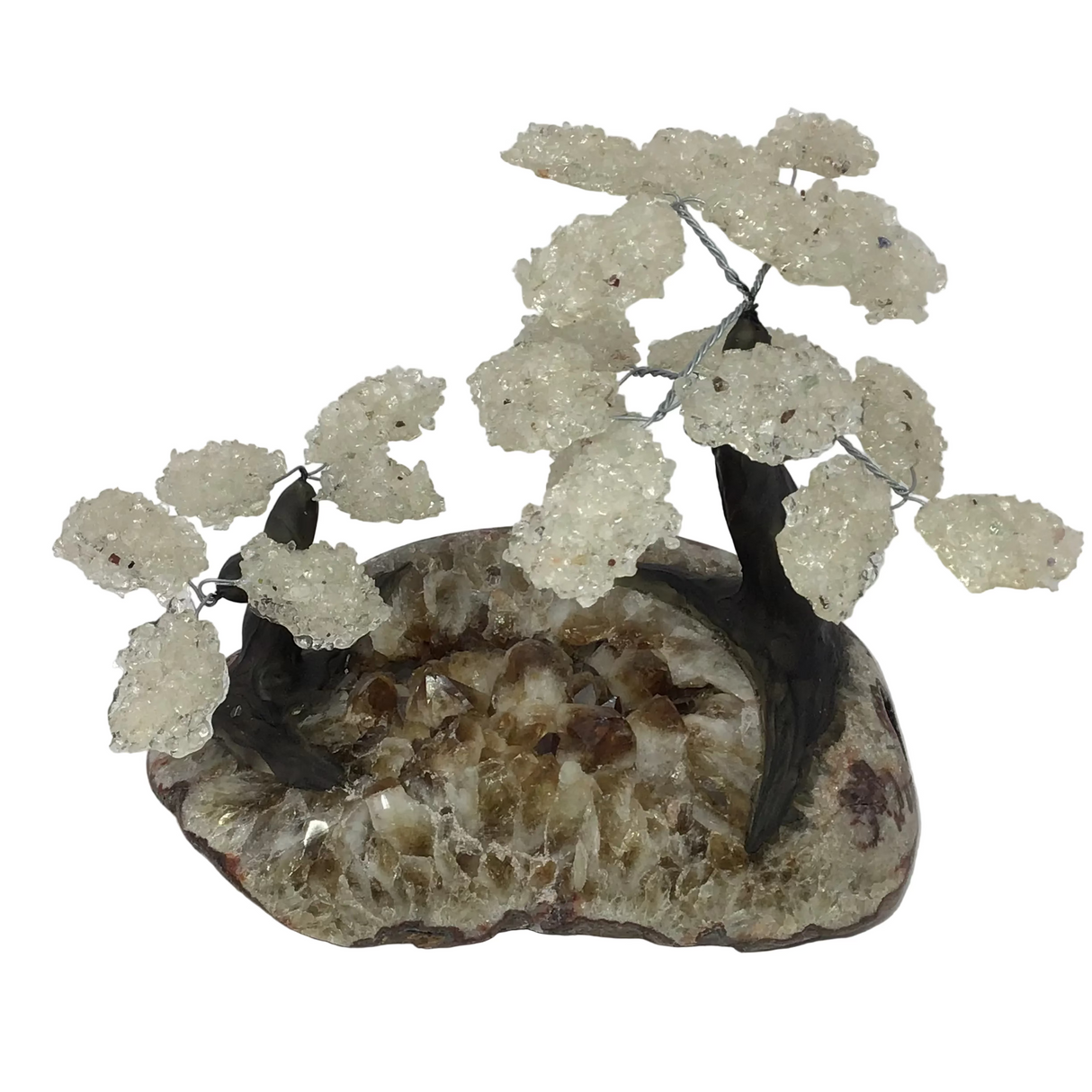 Quartz Gemstone Tree Duo with Clay Polymer on Citrine Crystal Geode Base