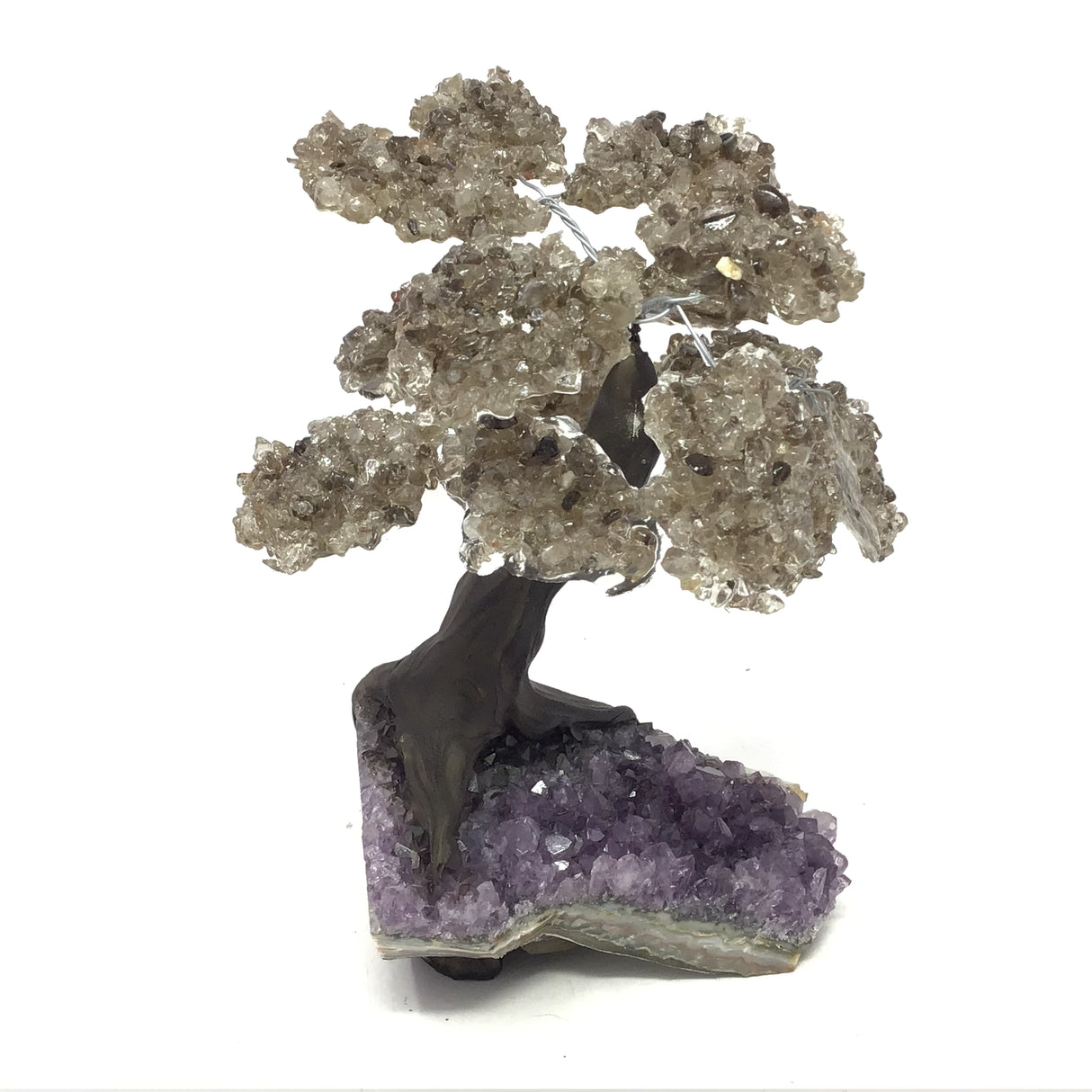 Smoky Quartz Gemstone Tree with Clay Polymer on Amethyst Crystal Geode Base
