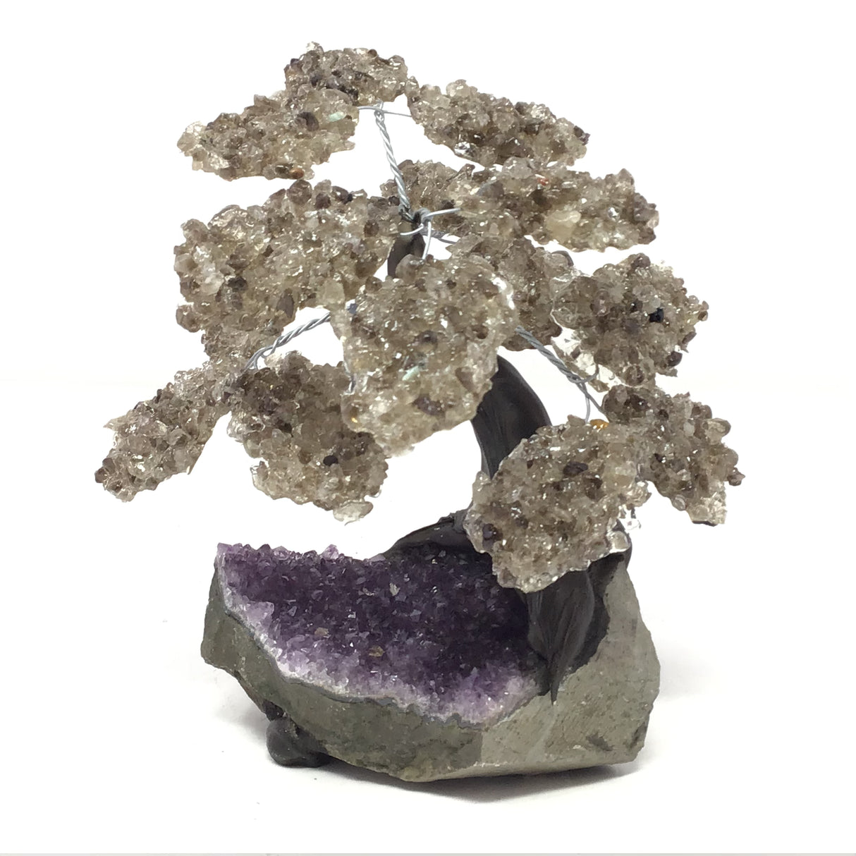Smoky Quartz Gemstone Tree with Clay Polymer on Amethyst Crystal Geode Base