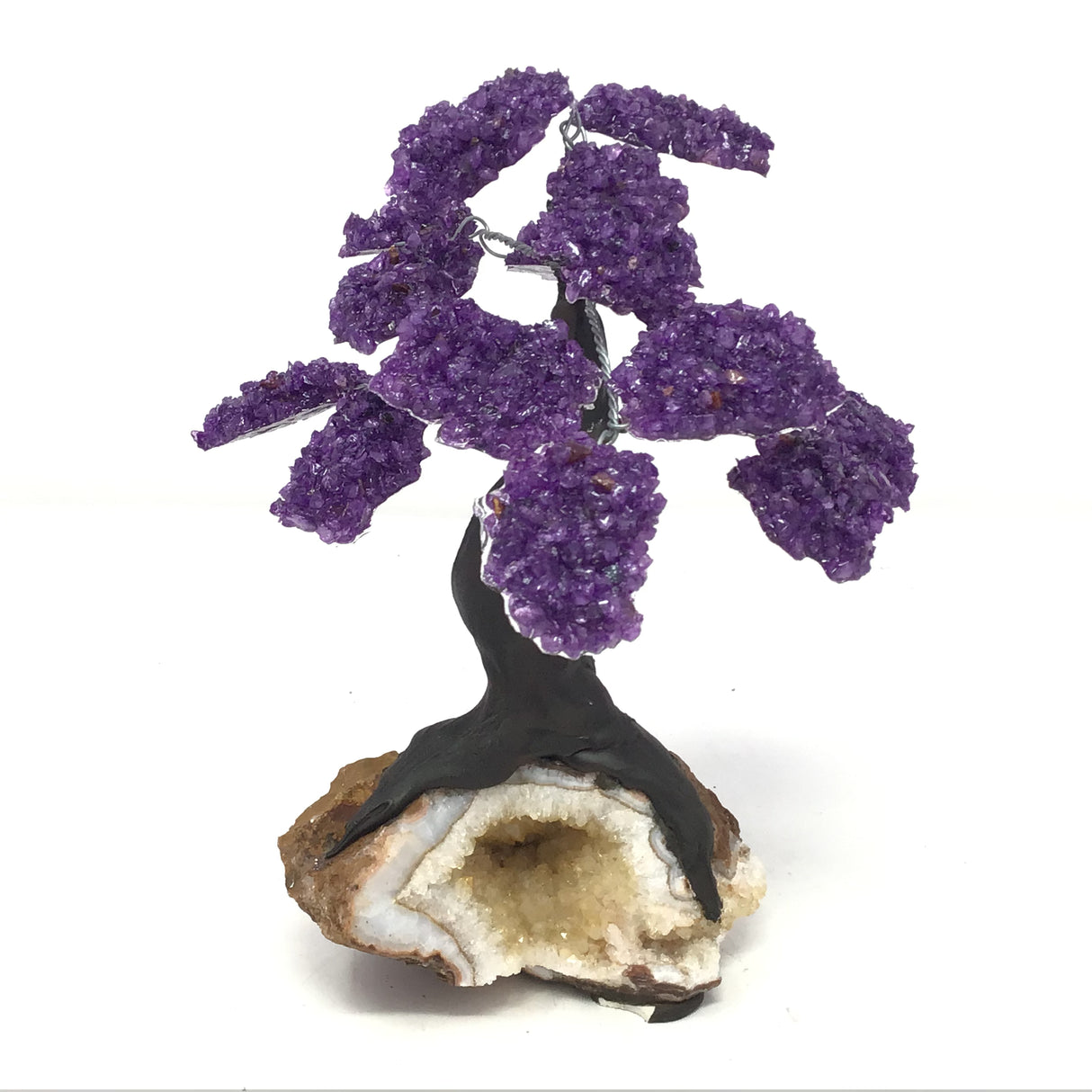 Amethyst Gemstone Tree with Clay Polymer on Citrine Geode Base