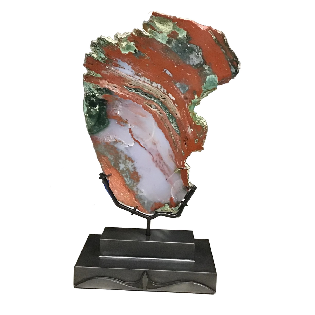 Red & Green Ocean Jasper Freeform Slice with Green Druze Band on Custom Rotating Stand with Patina Finish