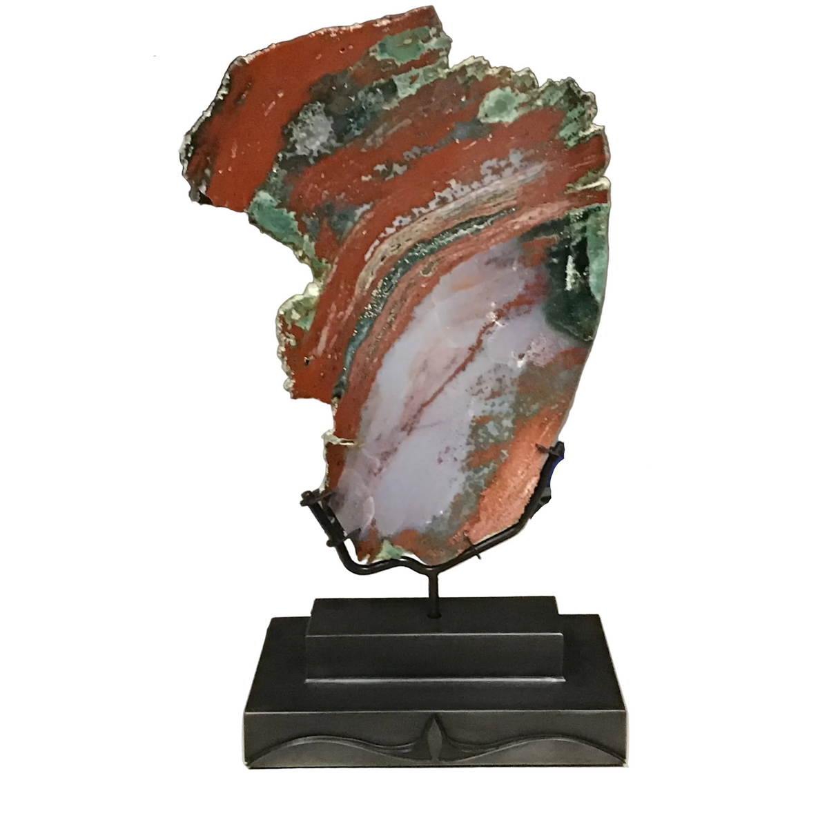 Red & Green Ocean Jasper Freeform Slice with Green Druze Band on Custom Rotating Stand with Patina Finish