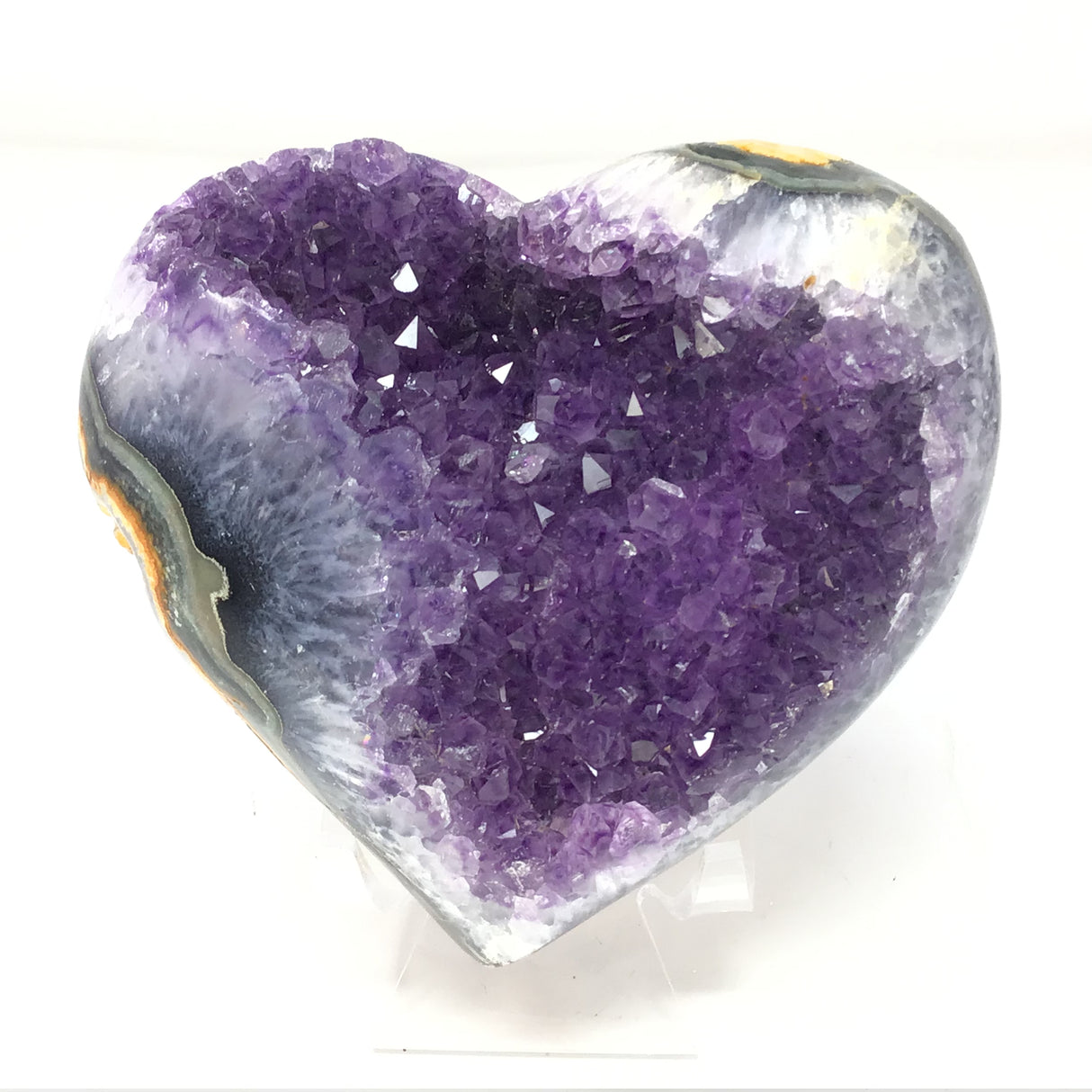 Amethyst Crystal Heart with Radical Agate Banding on Lucite Stand