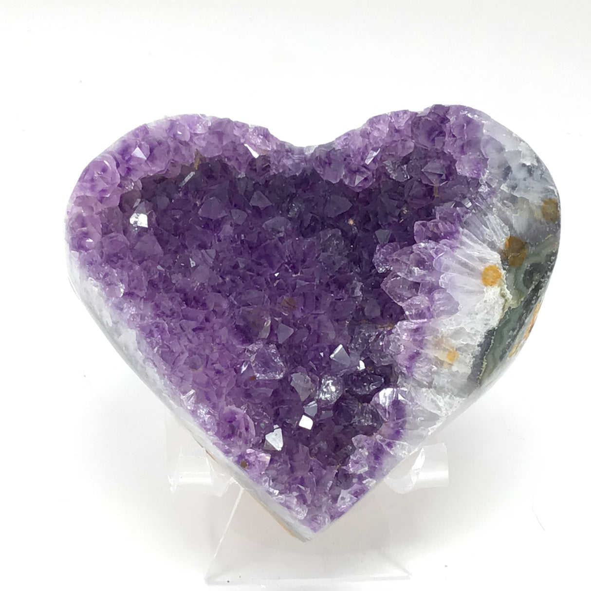 Amethyst Crystal Heart with Radical Agate Banding on Lucite Stand