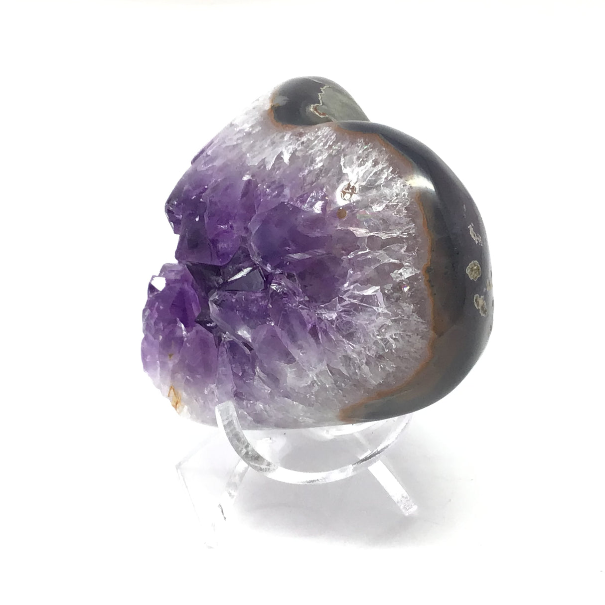 Amethyst Crystal Heart with Polished Edge & Large Crystals on Lucite Stand