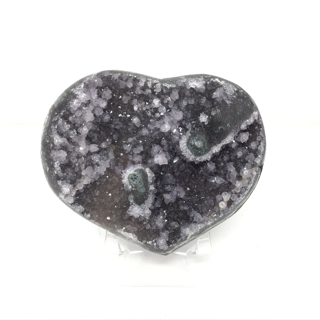 Rose De France Druze Stalactite Heart on Lucite Stand with Green Agate
