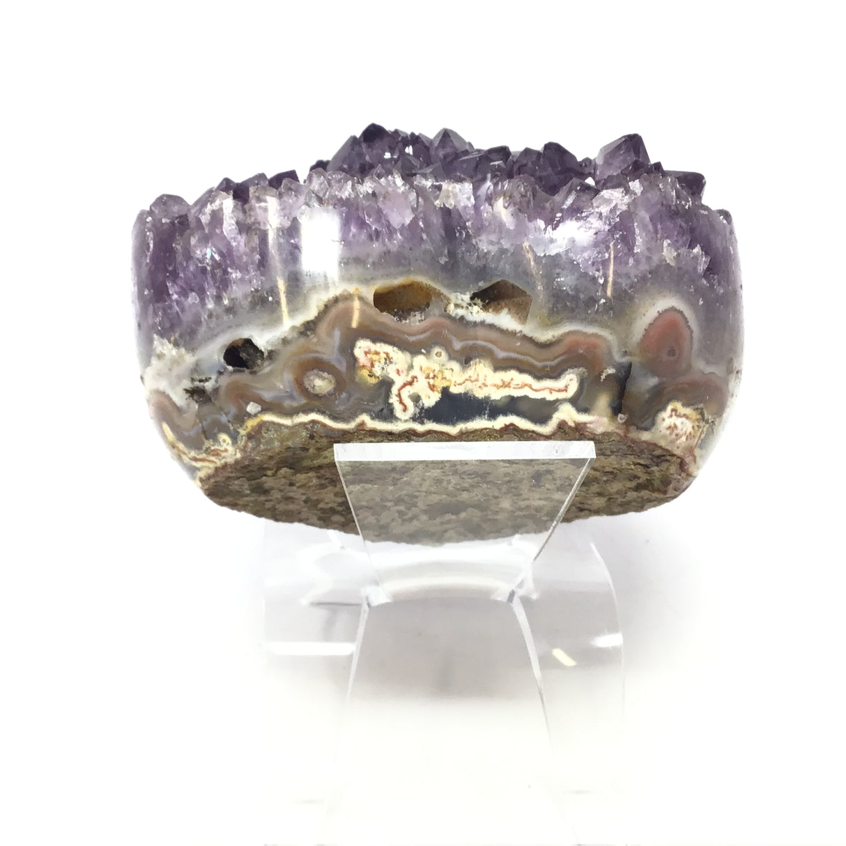 Moody Amethyst Crystal Heart with Convex Shape on Lucite Stand
