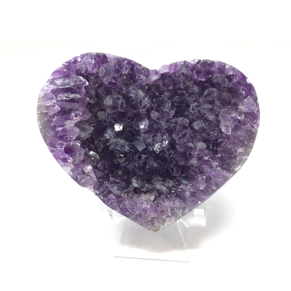 Deep Amethyst Crystal Heart with Frosty Tips on Lucite Stand - Concave Shape