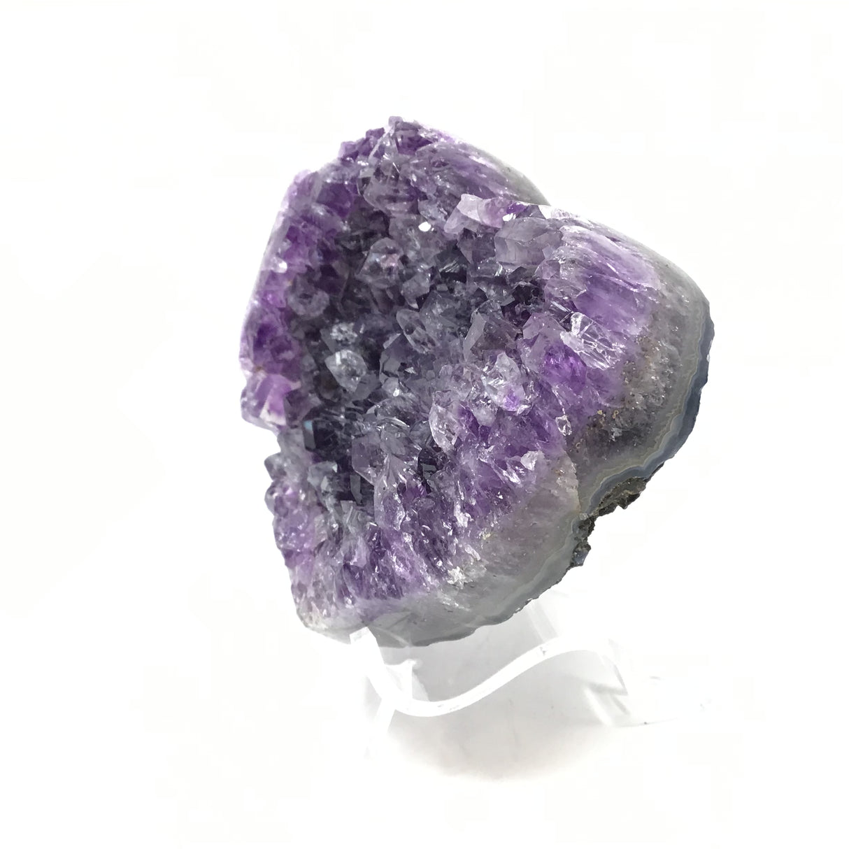 Deep Amethyst Crystal Heart with Frosty Tips on Lucite Stand - Concave Shape
