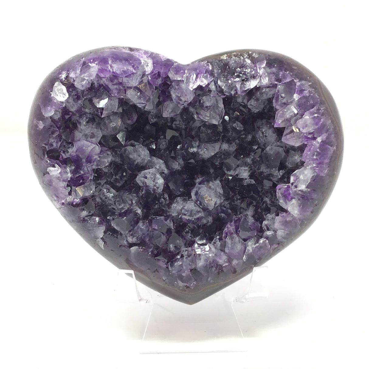 Deep Amethyst Crystal Heart with Frosty Tips on Lucite Stand - Concave Shape
