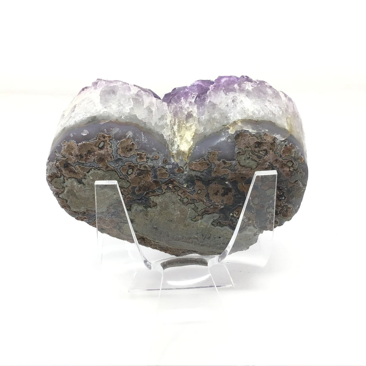 Amethyst Crystal Heart on Lucite Stand - Medium with Gemmy Color