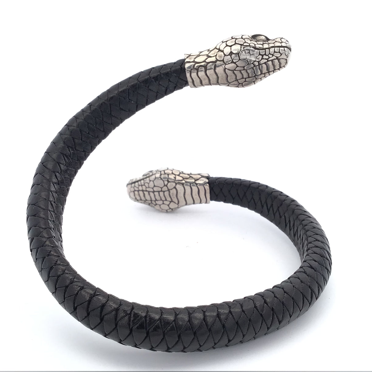 Sterling Silver Double Snake Head Leather Cuff - Adjustable Size