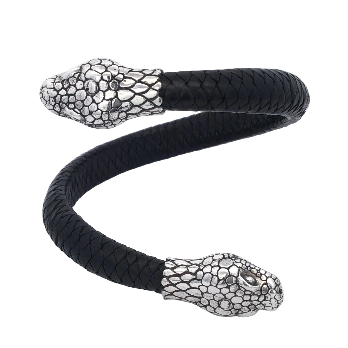 Sterling Silver Double Snake Head Leather Cuff - Adjustable Size