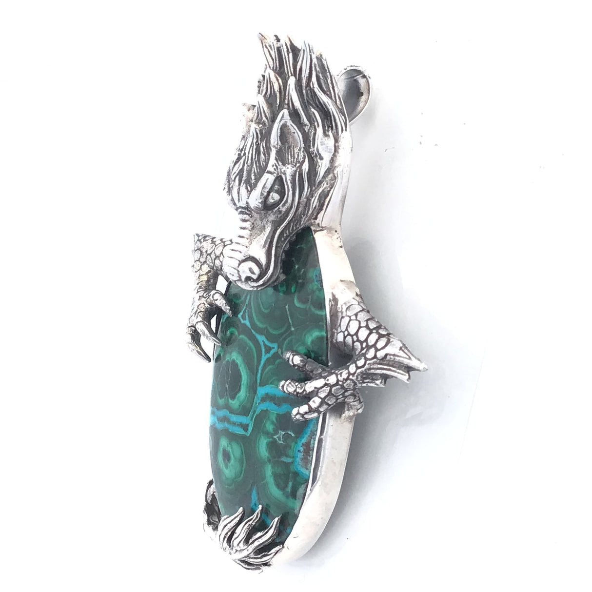 Chrysocolla Malachite Designer Dragon Cookie Pendant Full Detail