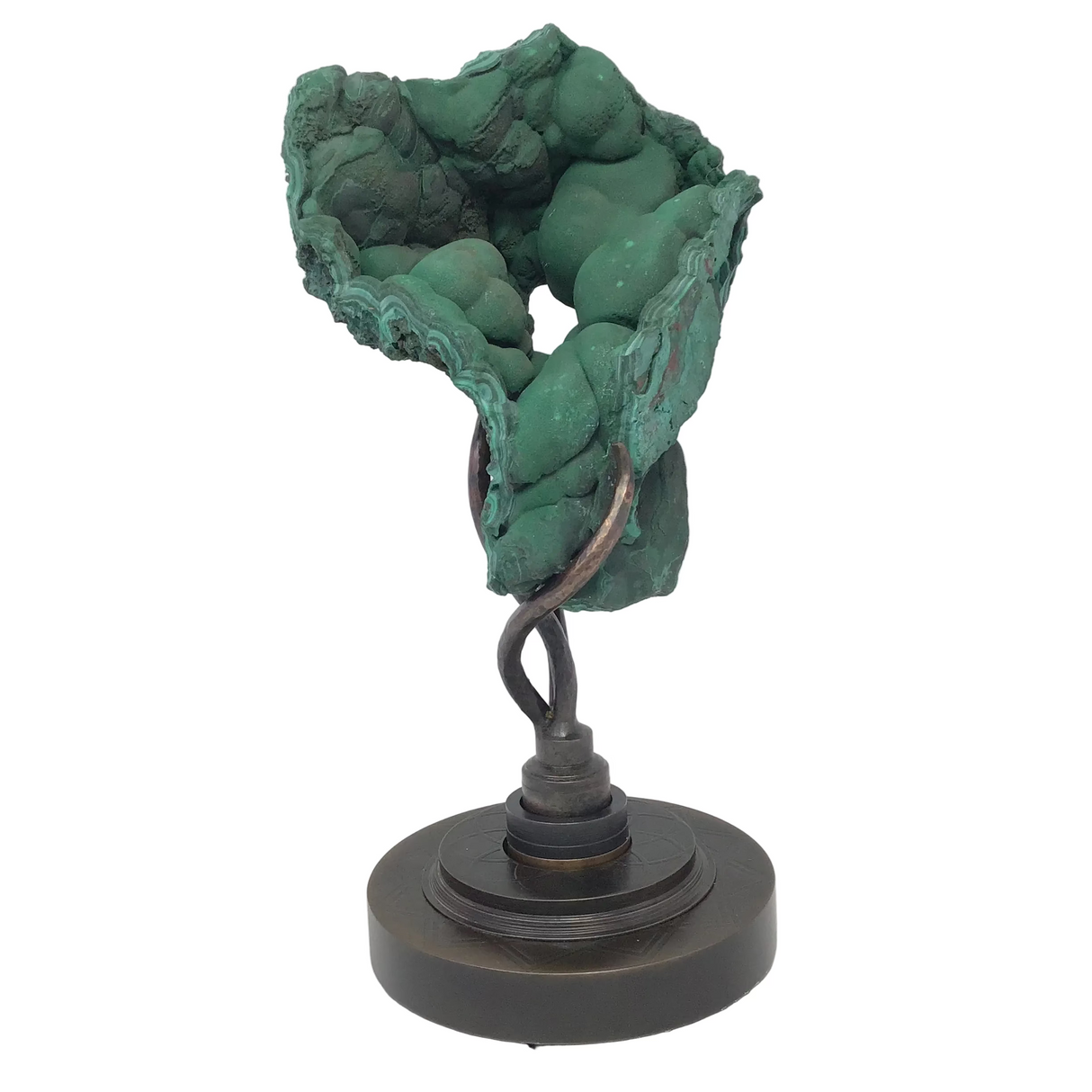 Bulbous Druze Chatoyant Fibrous Malachite Specimen On Custom Spinning Mandala Design Stand