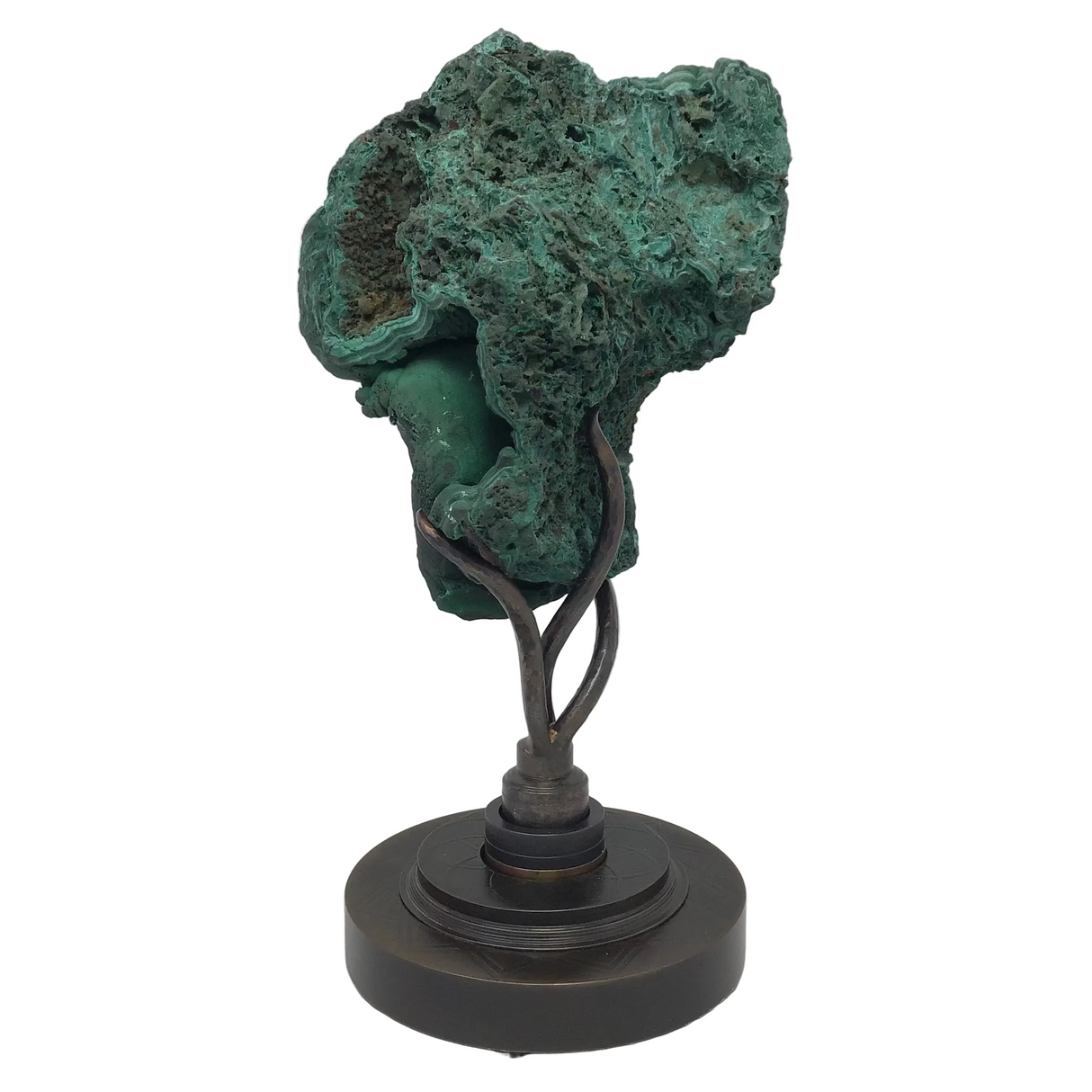 Bulbous Druze Chatoyant Fibrous Malachite Specimen On Custom Spinning Mandala Design Stand
