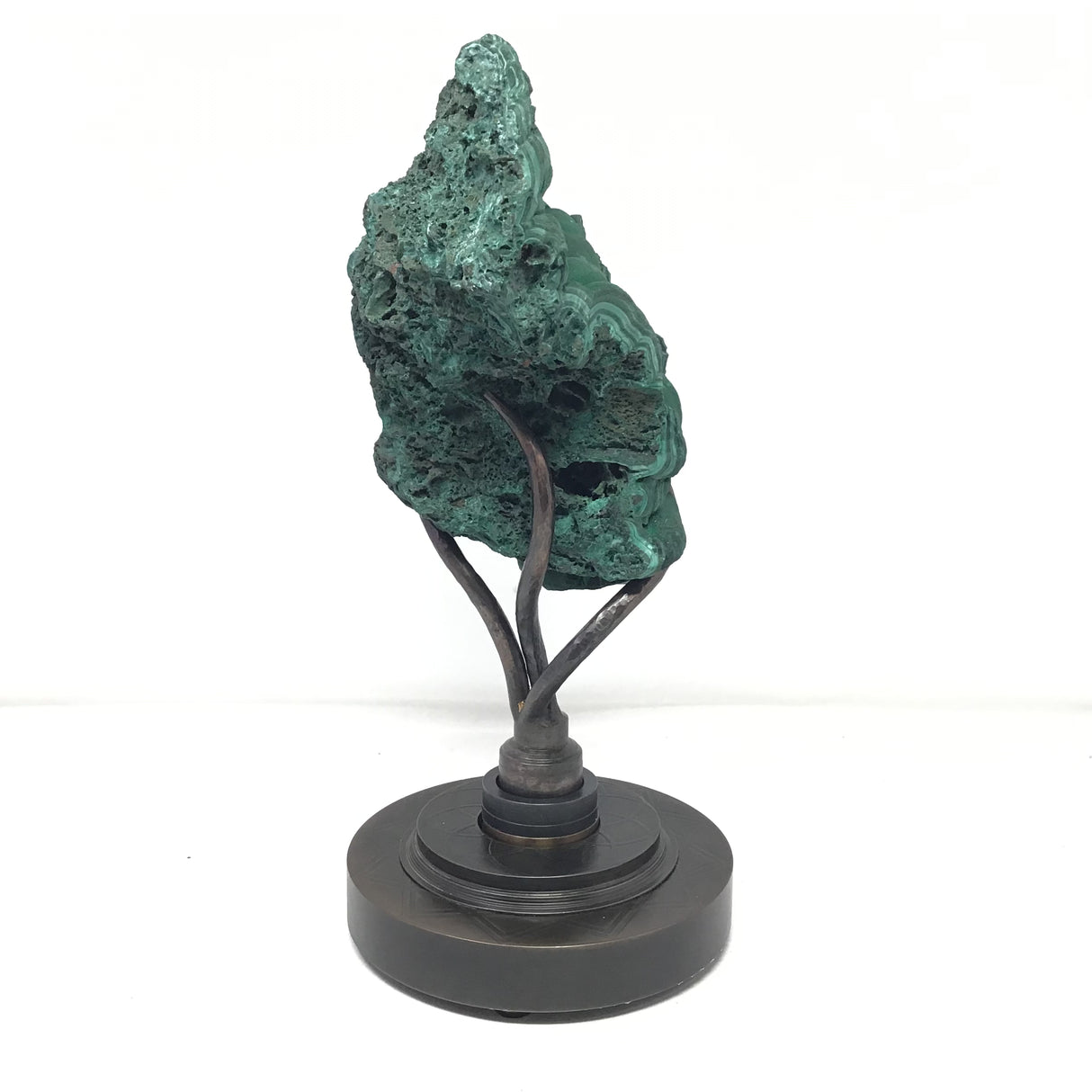 Bulbous Druze Chatoyant Fibrous Malachite Specimen On Custom Spinning Mandala Design Stand