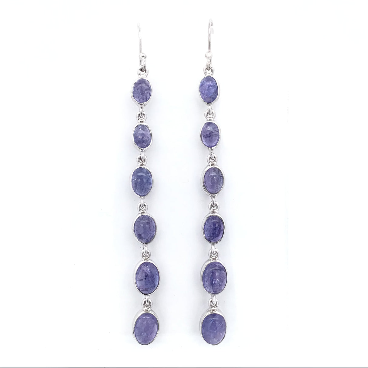 Tanzanite Cabochon Dangle Earrings - Graduated Multi-Gems Bezel Set