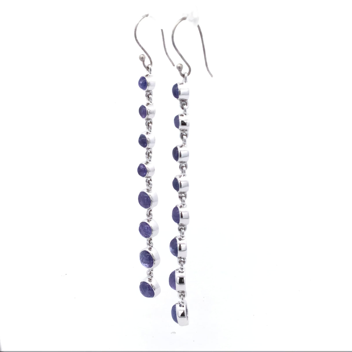 Tanzanite Cabochon Dangle Earrings - Graduated Multi-Gems Bezel Set