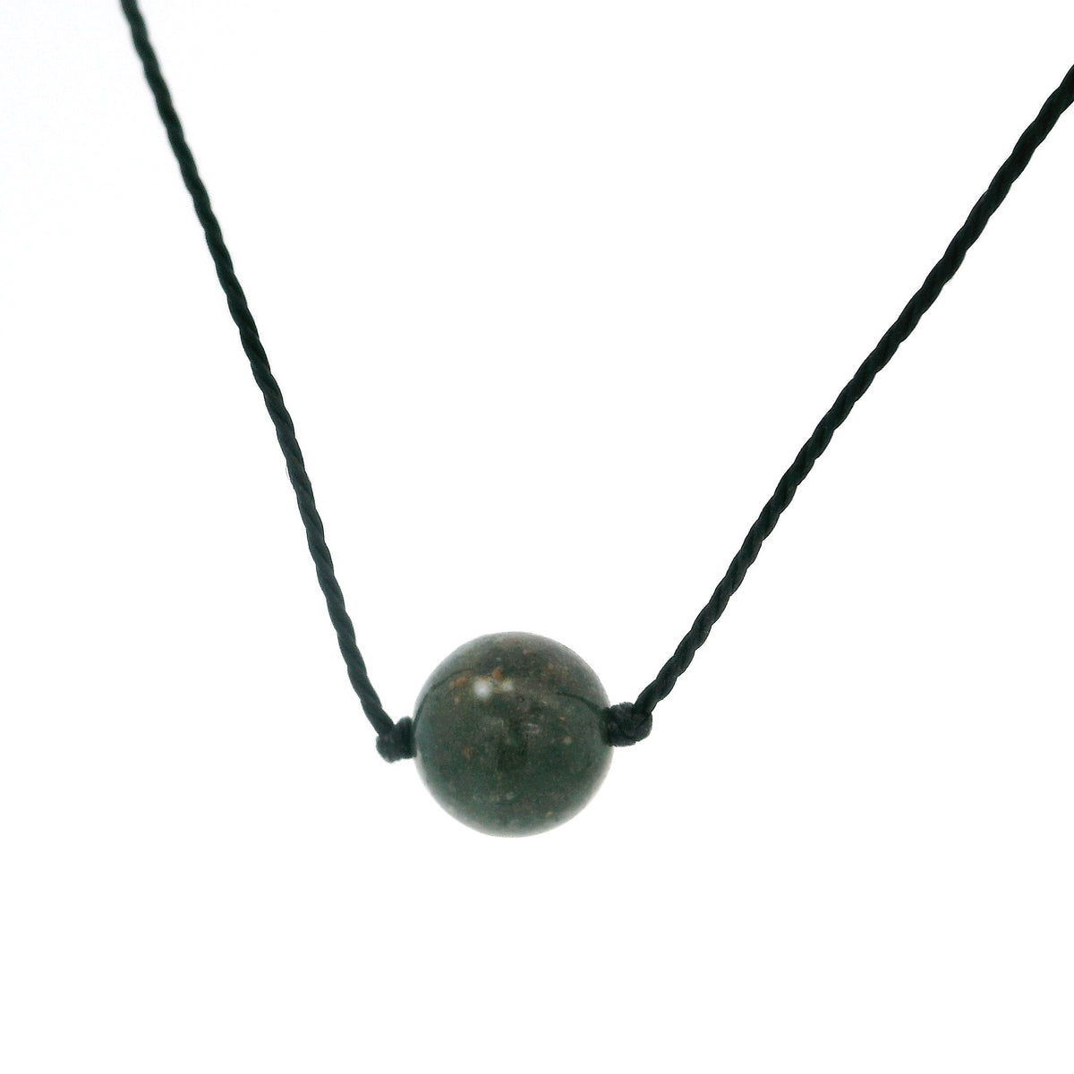 Fancy jasper 10mm mottled green round bead centered on a black cord choker