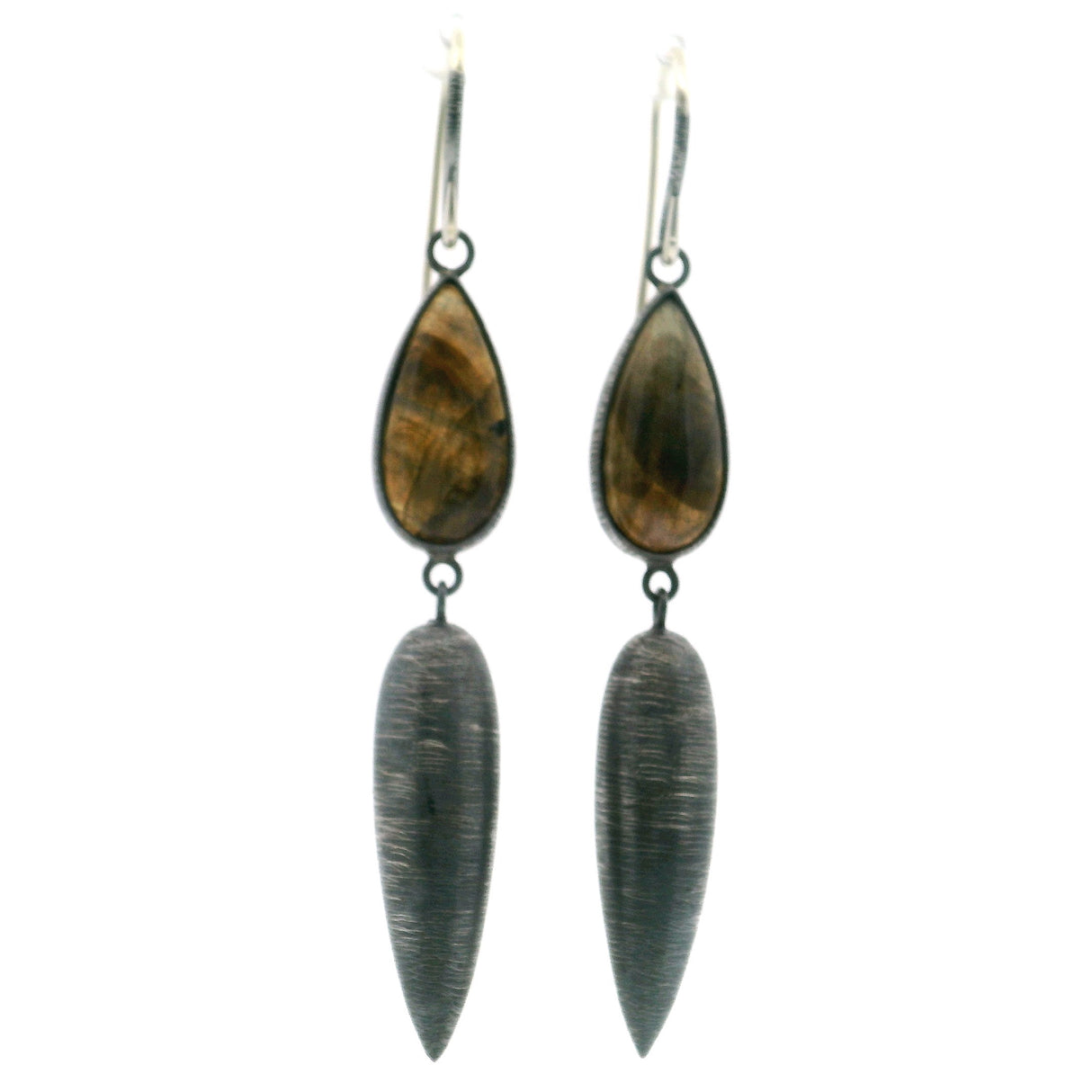 Labradorite Dangle Earrings - Blue & Yellow Flash Labradorite Teardrop Bezel Set Set Above Dangling Torpedo in Oxidized 925 Sterling Silver