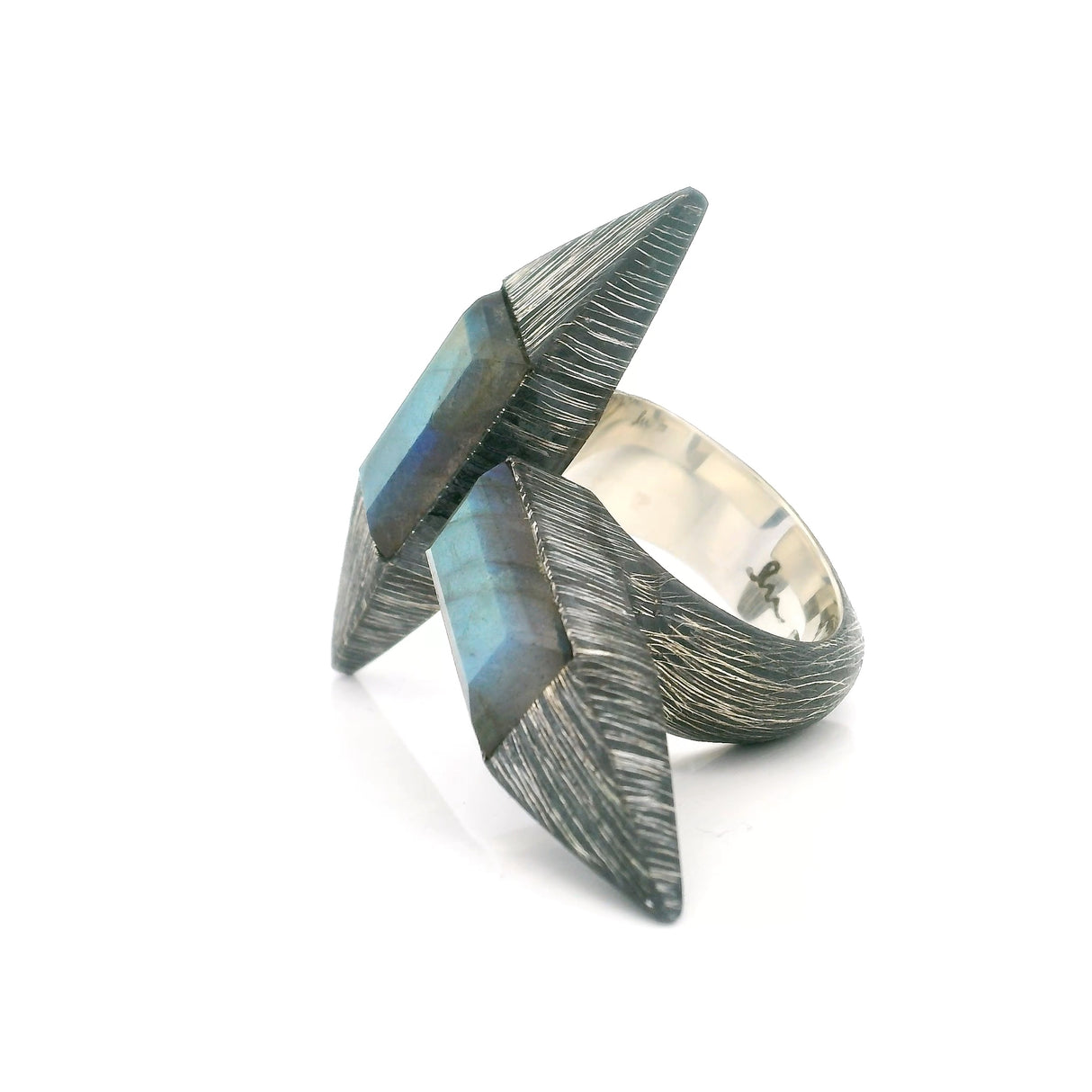 Labradorite Ring - 2 Faceted Cabochons with Aqua & Yellow Flash Bezel Set at Right Angles in Arrow Setting on Open Band in Oxidized 925 Sterling Silver 925 Sterling Silver Size 8.5