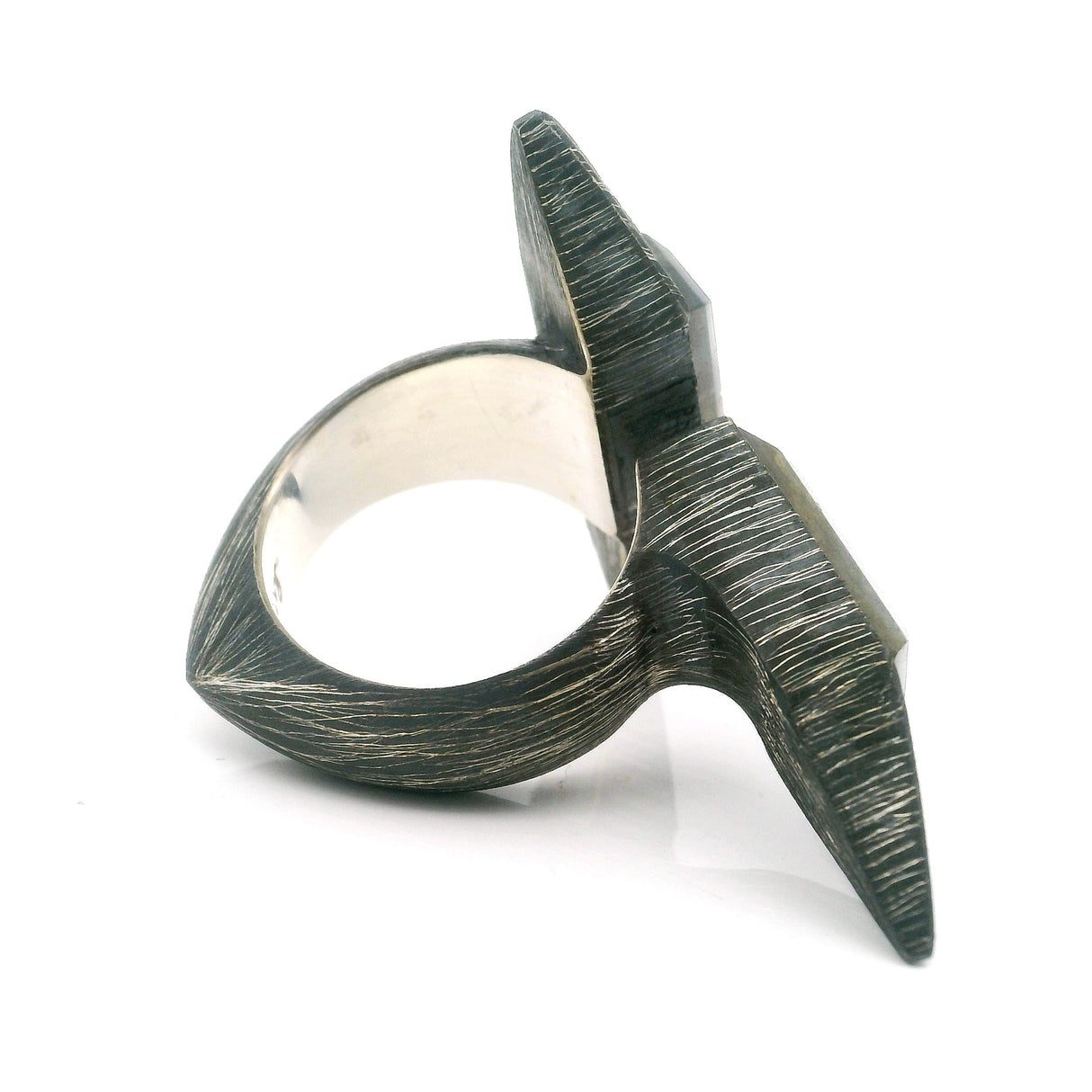 Labradorite Ring - 2 Faceted Cabochons with Aqua & Yellow Flash Bezel Set at Right Angles in Arrow Setting on Open Band in Oxidized 925 Sterling Silver 925 Sterling Silver Size 8.5