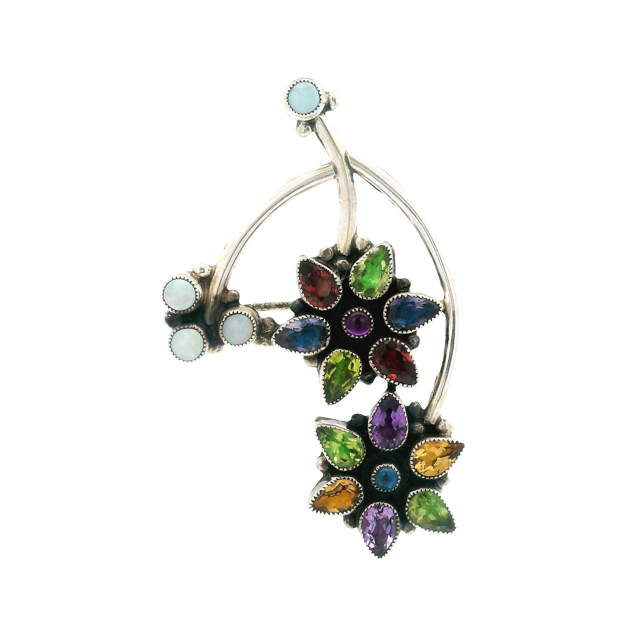 Multi Gemstone Brooch - 2 Flowers With Fire Opal Round Trio With Silver Bar Vines