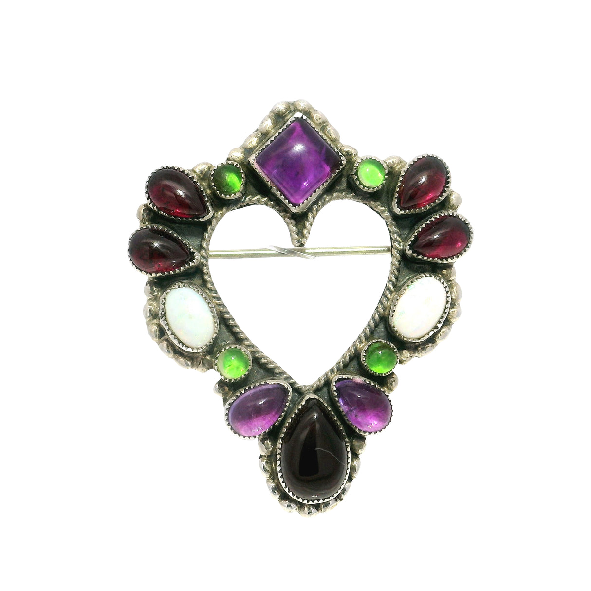 Multi Gemstone Heart Brooch With Open Silver Rope Heart Center & Silver Beading