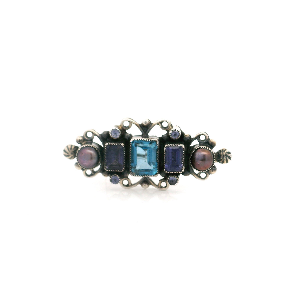 Tanzanite Brooch - Emerald Cut Rectangles With Blue Topaz & Pearls With Silver Beading & Wiring