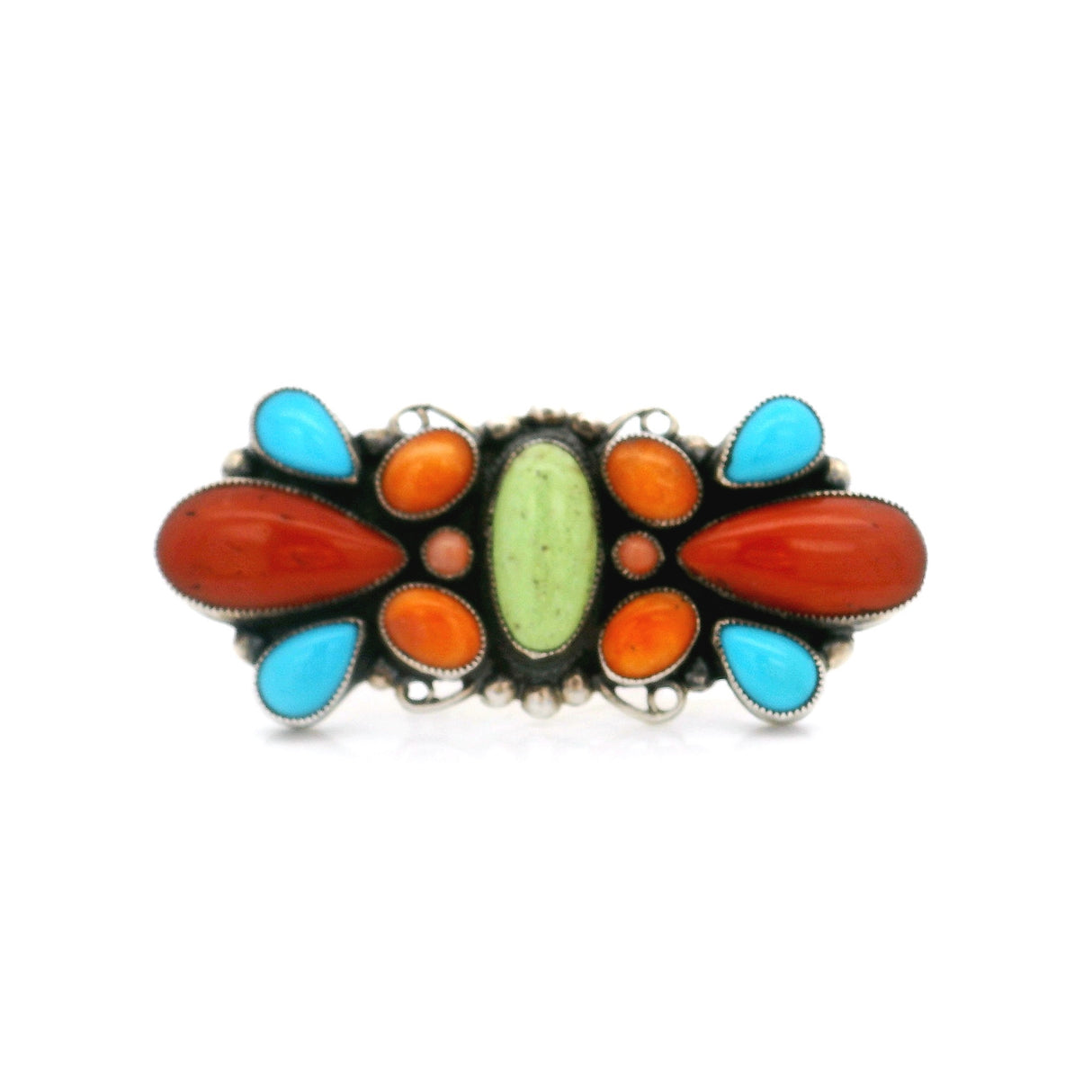 Multi Gemstone Brooch - Gaspeite & Sleeping Beauty Turquoise & Coral With Spiny Oyster Cabochons With Sharp Scalloped Bezels & Simple Silver Beading