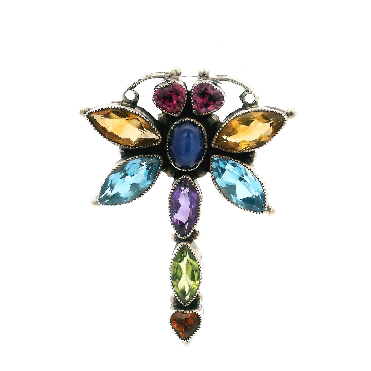 Multi Gemstone Dragonfly Brooch With Faceted Heart Eyes & Star Sapphire & Tail With Simple Silver Wire Stamens
